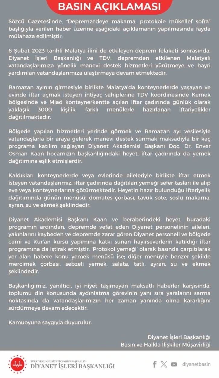 "Depremzedeye makarna" haberine Diyanet İşleri Başkanlığı’ndan sert yanıt
