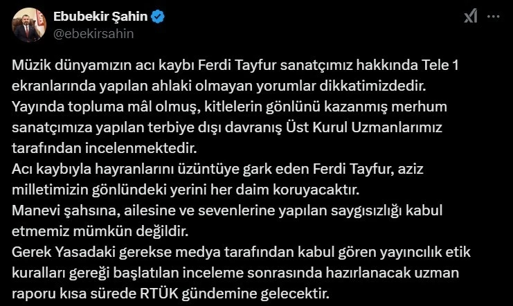 RTÜK Başkanı Şahin’den sunucu Musa Özuğurlu’nun Ferdi Tayfur yorumuna tepki