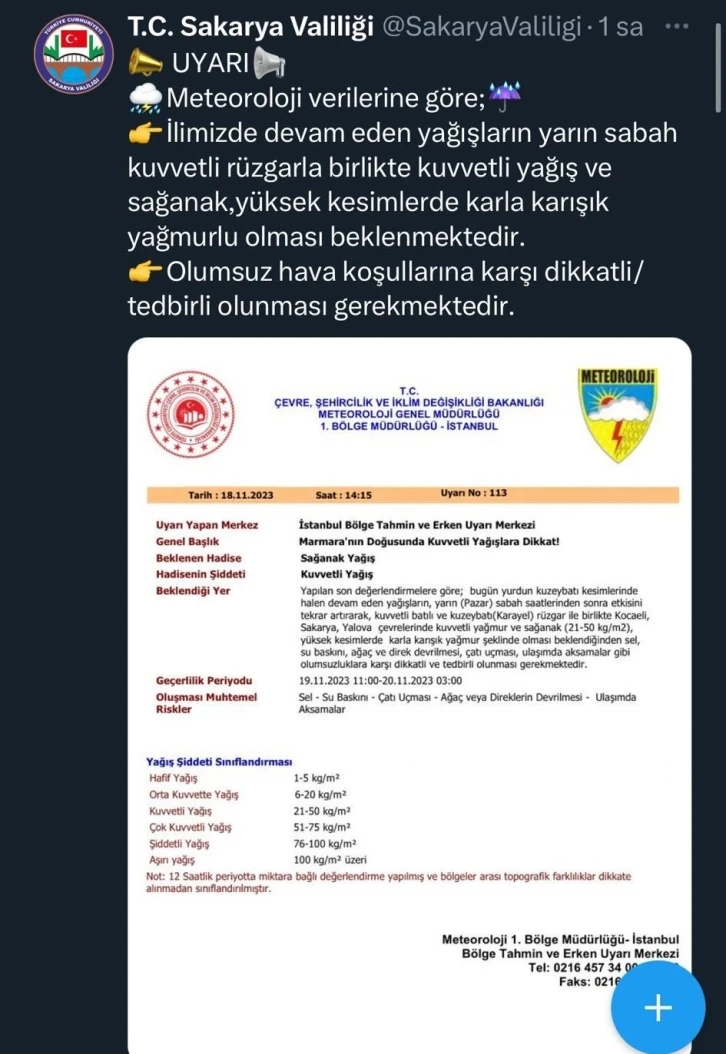 Sakarya’da kar uyarısı
