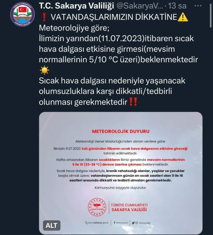 Sakarya Valiliği bu kez sıcak hava için uyardı
