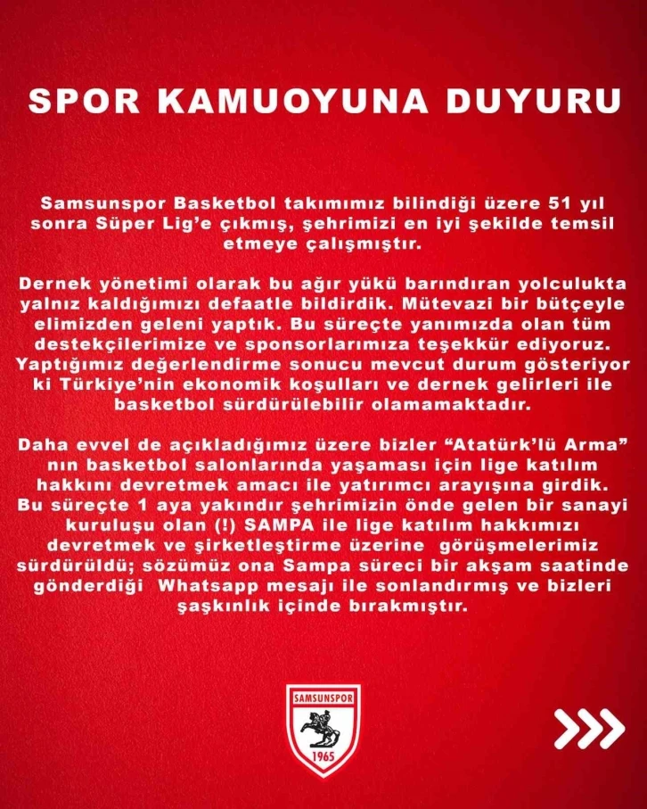 Samsunspor’dan SAMPA’ya tepki: “Bizleri şaşkınlık içinde bıraktı”
