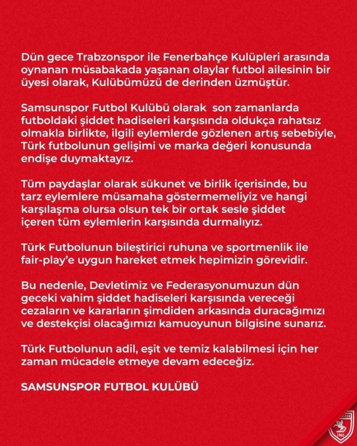 Samsunspor: “Türk futbolunun gelişimi ve marka değeri konusunda endişe duymaktayız”
