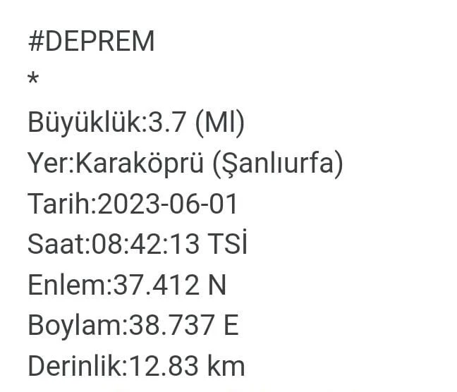 Şanlıurfa’da 3.7 büyüklüğünde deprem
