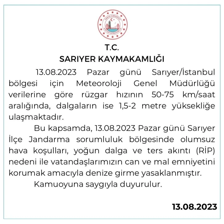 Sarıyer’de uyarıların ardından denize giriş yasaklandı
