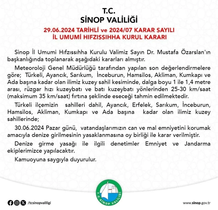 Sinop’ta 1 günlük deniz yasağı
