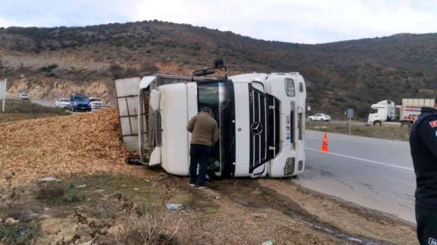 Bursa'da talaş yüklü TIR devrildi