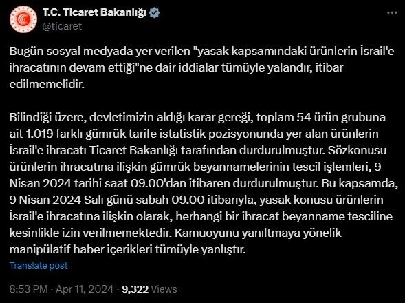 Ticaret Bakanlığından "İsrail’le ihracatın devam ettiği" iddialarına yalanlama
