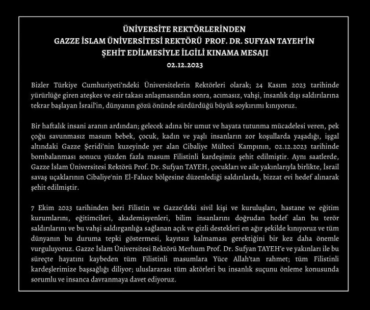 Üniversite rektörlerinden Gazze İslam Üniversitesi Rektörü Tayeh’in öldürülmesine kınama
