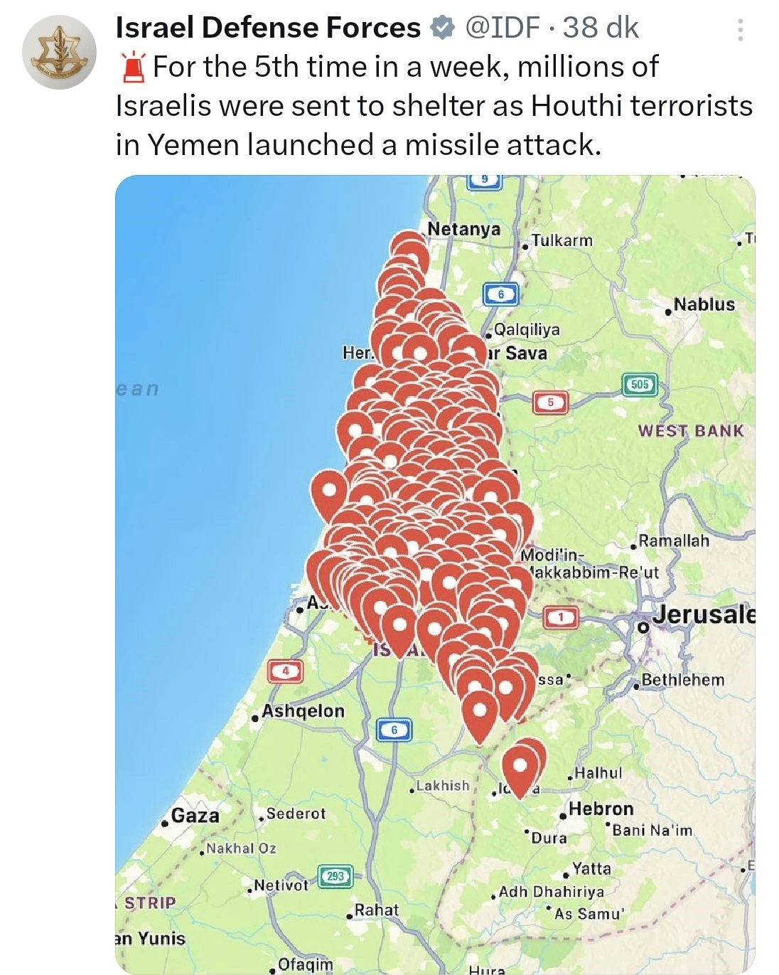 Yemen’deki Husilerden İsrail’e yeni füze saldırısı
