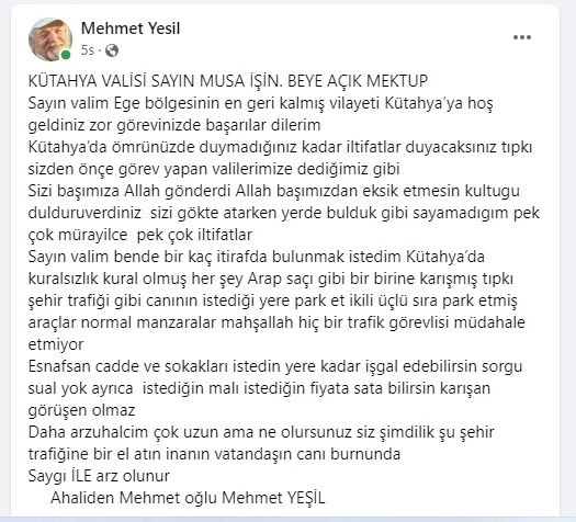 Yeşil’den Vali Işın’a mektup: "Kütahya’da ömrünüzde duymadığınız kadar iltifatlar duyacaksınız"
