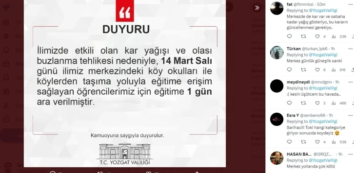 Yozgat’ta öğrencilerin ’kar tatili’ mesajları gülümsetti
