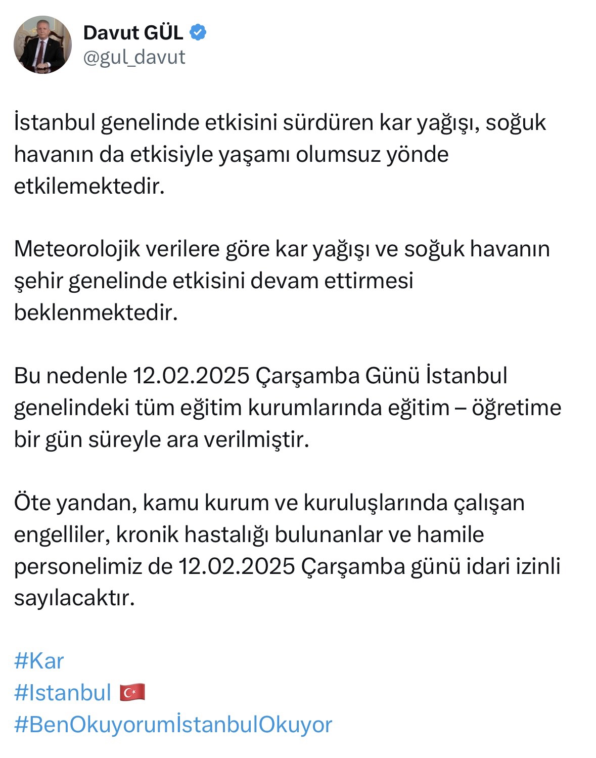 Vali Gül açıkladı: İstanbul’da yarın okullar tatil
