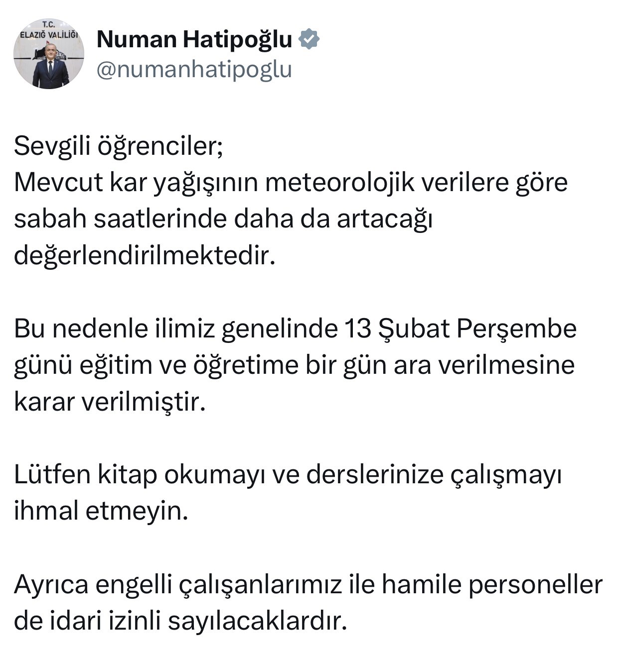 Elazığ’da eğitime 1 gün ara verildi
