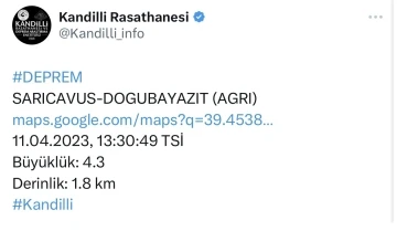 Ağrı’da 4.3 büyüklüğünde deprem
