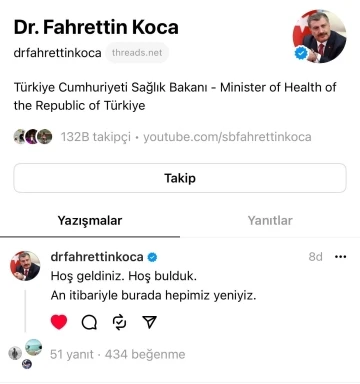 Bakan Koca, yeni sosyal medya platformu ’Threads’de yerini aldı
