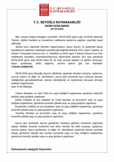 Beyoğlu Kaymakamlığı’ndan 8 Mart kararı: &quot;24 saat süreyle gösteri yürüyüşü gibi tüm etkinlikler yasaklanmıştır&quot;
