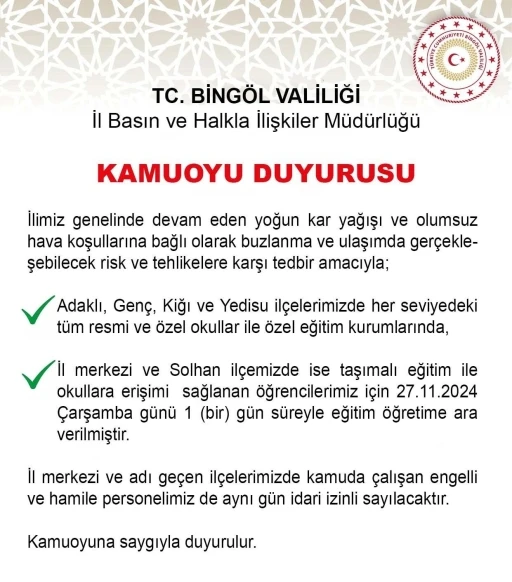 Bingöl’ün 4 ilçesinde okullar yarın tatil edildi
