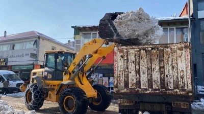 Bu ilçede karlar kamyonlarla şehir dışına çıkartılıyor
