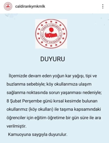 Çaldıran’da taşımalı eğitime 1 gün ara
