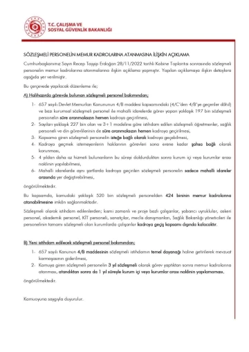 Çalışma ve Sosyal Güvenlik Bakanlığından sözleşmeli personelin memur kadrolarına atanmalarına ilişkin açıklama
