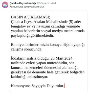 Çatalca Kaymakamlığından &quot;bungalov ev&quot; açıklaması
