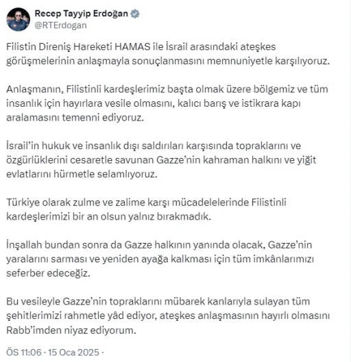 Cumhurbaşkanı Erdoğan’dan ’ateşkes’ açıklaması: &quot;Gazze’nin kahraman halkını hürmetle selamlıyoruz&quot;
