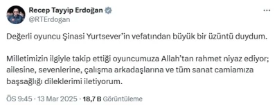 Cumhurbaşkanı Erdoğan’dan oyuncu Şinasi Yurtsever için taziye mesajı
