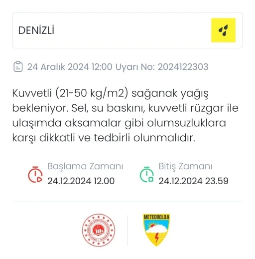 Denizli’ye kuvvetli yağış uyarısı
