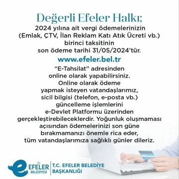 Efeler Belediyesi’nden vergi ödemesi hatırlatması
