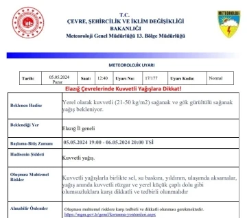 Elazığ  için kuvvetli yağış uyarısı
