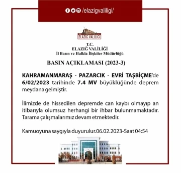 Elazığ Valisi Ömer Toraman: “Şu ana kadar ilimizde herhangi bir yıkım ihbarı almadık”