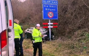 Hız yapan otomobil, hız uyarı tabelasına çarparak durabildi
