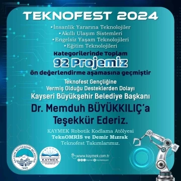 KAYMEK’in Teknofest gençliği 92 proje ile ön değerlendirme aşamasına geçti
