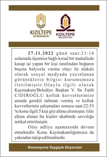 Kızıltepe Kaymakamlığından gözaltına alınan kasap hakkında açıklama
