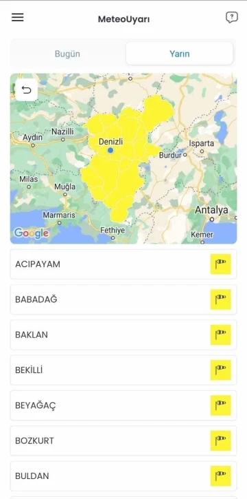 Meteoroloji Denizli için sarı uyarı verdi
