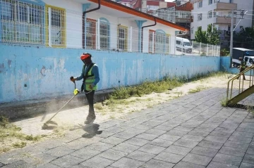 Okul bahçelerinde yabani ot temizliği
