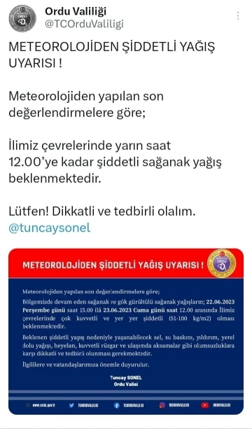 Ordu için çok kuvvetli ve şiddetli sağanak uyarısı
