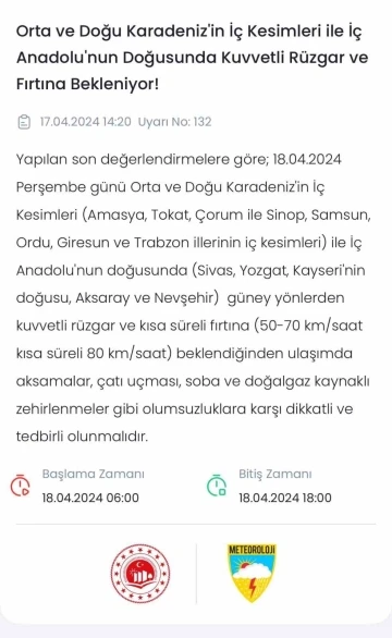 Orta ve Doğu Karadeniz’in iç kesimleri için fırtına uyarısı
