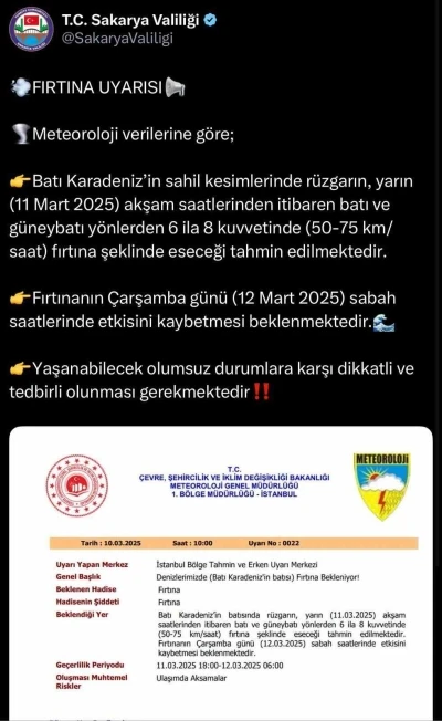 Sakarya’nın sahil kesimleri için fırtına uyarısı
