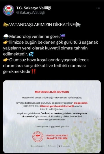 Sakarya Valiliği’nden sağanak yağış uyarısı
