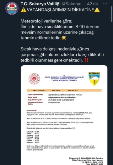 Sakarya Valiliğinden sıcaklık uyarısı
