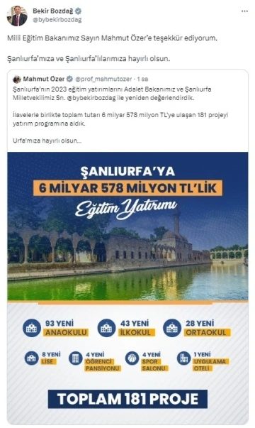 Şanlıurfa’ya 181 projeden oluşan dev eğitim yatırımı
