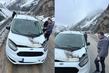 Seyir halindeki aracın üzerine kaya düştü
