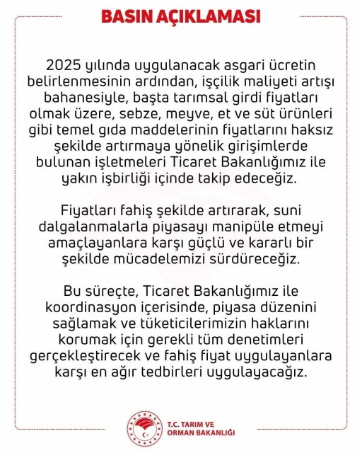 Tarım ve Orman Bakanlığı: &quot;Suni dalgalanmalarla piyasayı manipüle etmeyi amaçlayanlara karşı mücadelemizi sürdüreceğiz&quot;
