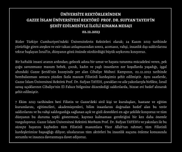 Üniversite rektörlerinden Gazze İslam Üniversitesi Rektörü Tayeh’in öldürülmesine kınama
