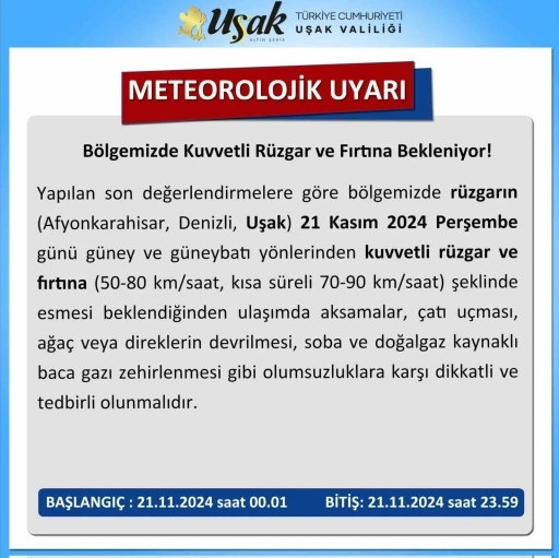 Uşak Valiliğinden kuvvetli rüzgar ve fırtına uyarısı
