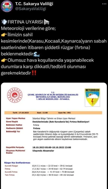 Valilikten Sakarya’nın sahil kesimleri için fırtına uyarısı
