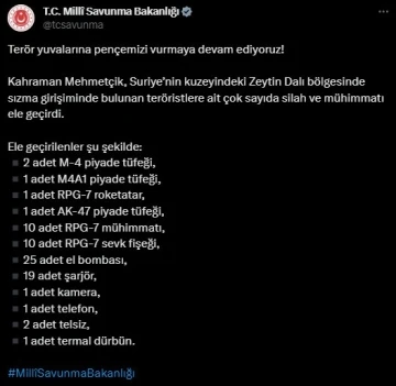 Zeytin Dalı bölgesinde çok sayıda silah ve mühimmat ele geçirildi
