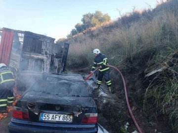 Zincirleme kazaya karışan otomobil alevlere teslim oldu